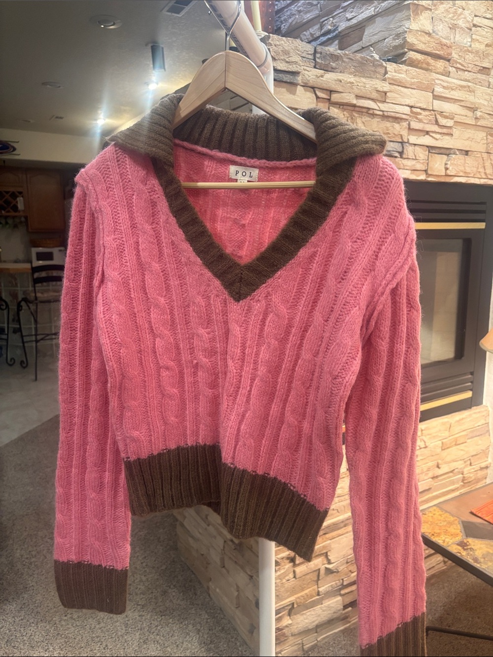 POL Pink Cable-Knit V-Neck Sweater with Brown Trim